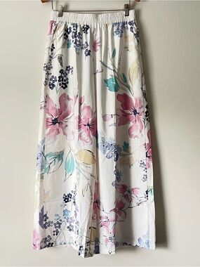 White Wide-Leg Floral Pants with Pink and Teal Blooms